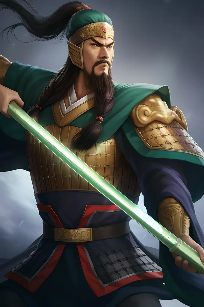 The image shows a man in ancient Chinese armor. He has a long beard and a ponytail. He is holding a spear in his right hand. He is wearing a green robe with gold trim and a red sash. He has a green hat on with a gold ornament in the front. He has a serious expression on his face.