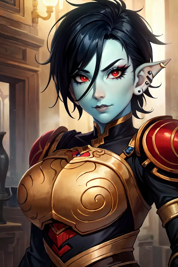 This is an image of a dark elf woman. She has black hair, red eyes, and pointed ears. She is wearing a suit of armor that is gold and red. She has a serious expression on her face. She is standing in a room that is decorated with red and gold tapestries. There is a large vase in the background.