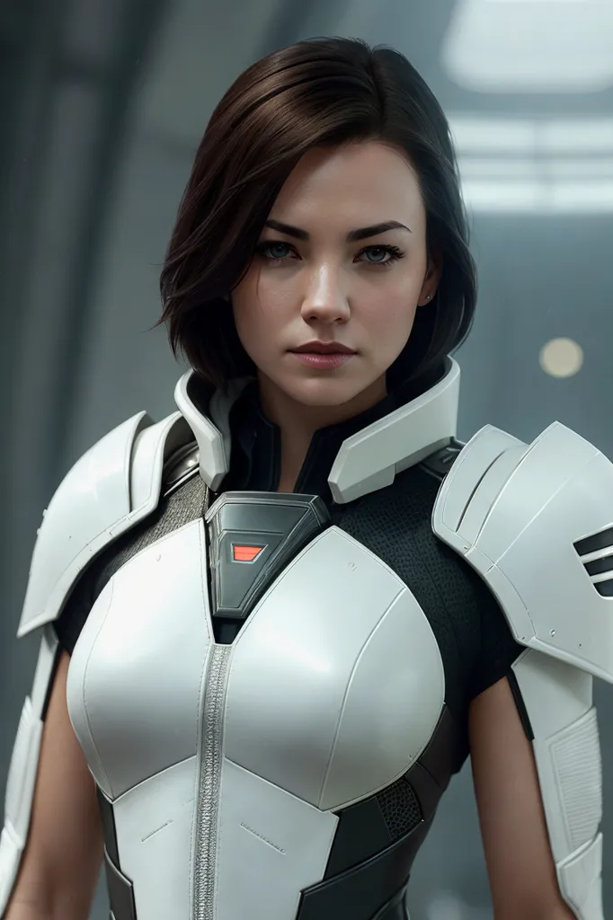 The image shows a young woman, probably in her 20s, with short brown hair and light makeup. She is wearing a white and gray futuristic armor with a red light on her chest. The armor has black and gray details. She is looking at the camera with a serious expression.