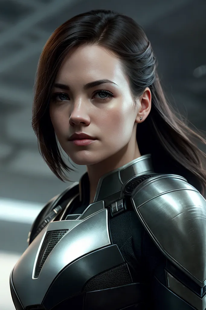 The image is a portrait of a young woman with long brown hair. She is wearing a black and silver armor. The armor has a high collar and shoulder pads. The woman's hair is pulled back into a ponytail. She has a serious expression on her face.