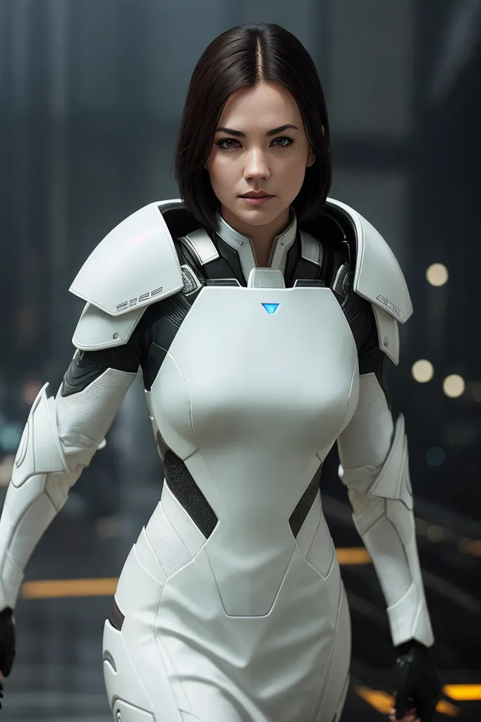 The image shows a young woman standing in a futuristic setting. She is wearing a white and gray bodysuit with a blue triangle on her chest. The suit has shoulder pads and appears to be made of some kind of metal or other hard material. The woman has short black hair and brown eyes. She is looking at the viewer with a serious expression. The background is blurred and consists of large metal structures and bright lights.