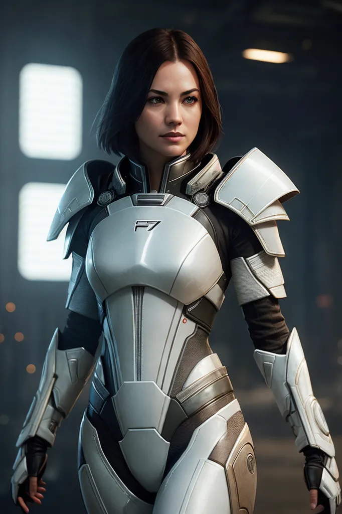 The image shows a young woman standing in a dark room. She is wearing a futuristic suit of armor with a white and gray color scheme. The armor has a lot of detailing and looks very realistic. The woman has short brown hair and green eyes. She is looking at the viewer with a serious expression.