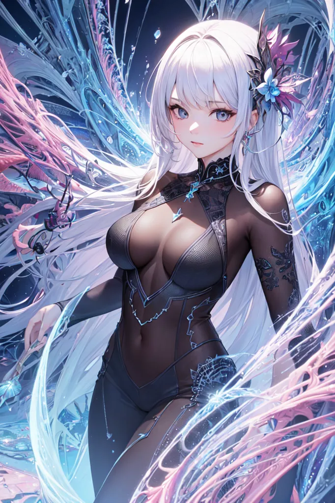 The image is an anime-style drawing of a young woman with long white hair and blue eyes. She is wearing a black bodysuit with a low neckline and a high collar. The bodysuit is decorated with pink and blue accents. She is also wearing a pair of black gloves and a pair of black boots. The woman is standing in a dark blue background with light blue and pink accents.