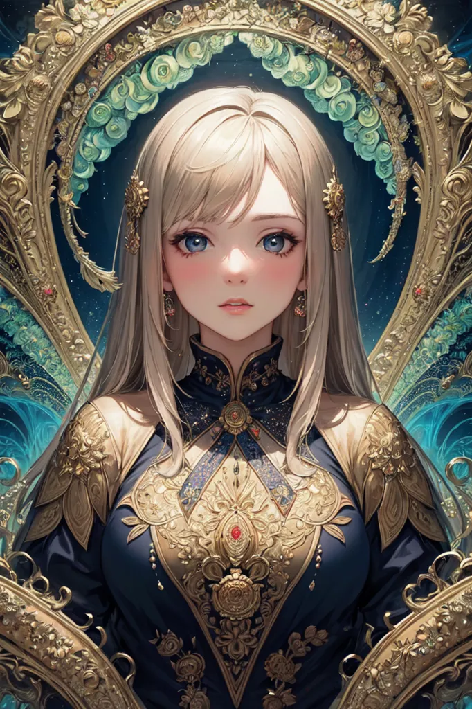 L'image est un portrait d'une belle jeune femme aux longs cheveux blonds et aux yeux bleus. Elle porte une robe dorée avec un col blanc et une écharpe bleue. La robe est décorée de broderies complexes en or et en argent. Elle porte également un collier et des boucles d'oreilles. Ses cheveux sont coiffés dans un chignon élaboré et elle a un sourire doux sur le visage. L'arrière-plan est bleu foncé avec une lumière blanche éclatante au centre.