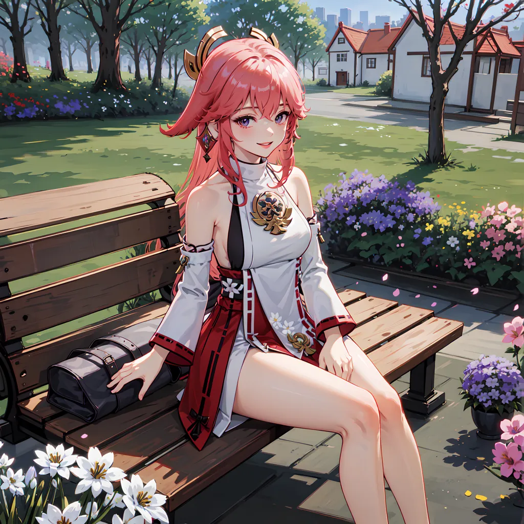 The image shows an anime-style girl with pink hair and purple eyes. She is wearing a white and red kimono-style dress with a red obi sash. She is sitting on a park bench, with a black handbag on her right side. There are flowers and trees in the background, and a house in the distance. The girl has a gentle smile on her face.