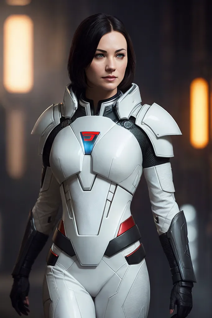 This is an image of a woman wearing a futuristic armor suit. The armor is white and gray with red accents. The woman has short black hair and blue eyes. She is standing in a dark room with bright lights in the background.