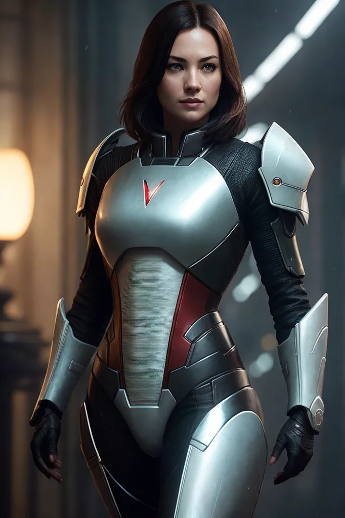 This is an image of a woman standing in a dark room. She is wearing a futuristic suit of armor that is red and silver. The armor has a V-shaped design in the chest area. She has a serious expression on her face and looks like she is ready for battle.