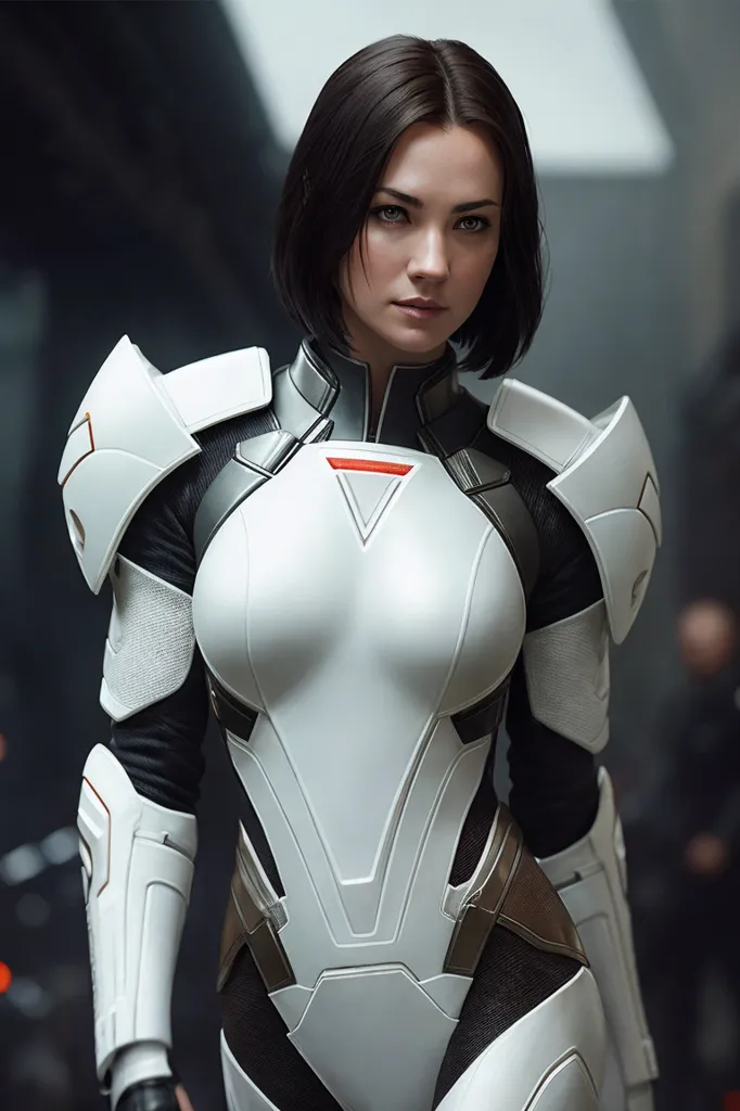 This is an image of a woman in a futuristic armor suit. She is standing with her left hand on her hip and her right hand at her side. She has short brown hair and brown eyes. The armor suit is white with black and red accents. It has a high collar and shoulder pads. The chest plate has a red triangle in the center. The suit has a utility belt with a red circle on the left side. The woman is standing in a dark room with a blurred background.