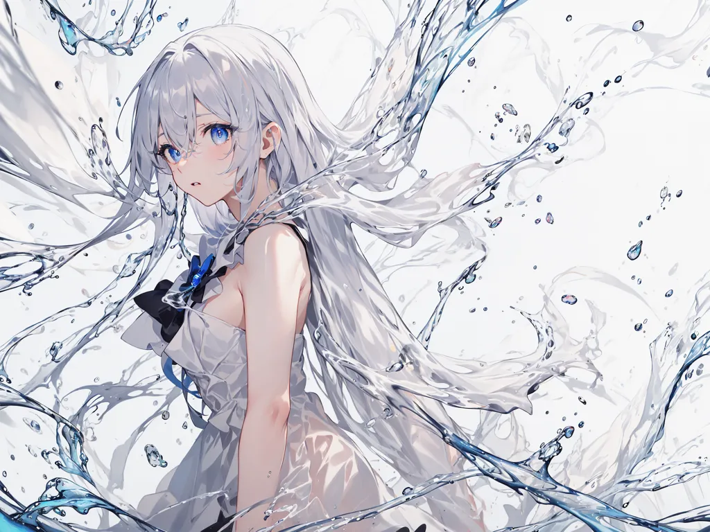 The image is a painting of a young woman with long white hair and blue eyes. She is wearing a white dress and there is water splashing around her. The water is depicted with light blue and white colors. The background is white. The girl's expression is serious and focused.