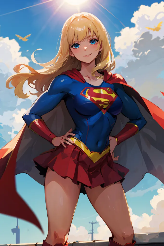 The image is of a young woman with long, flowing blonde hair. She is wearing a blue and red superhero costume with a red cape. She has her hands on her hips and is looking at the viewer with a confident smile. There are clouds and a blue sky behind her.