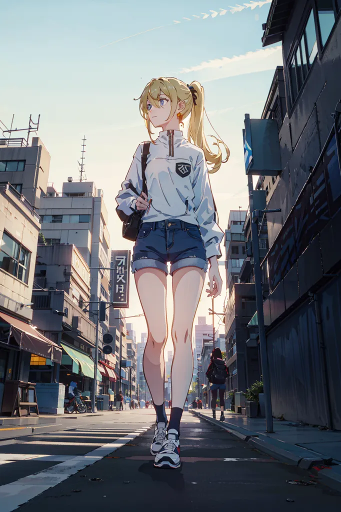 The image is a depiction of a young woman, likely in her late teens or early twenties, standing in an urban setting. She is wearing a white and gray tracksuit-style jacket, with the collar pulled up slightly, and a pair of denim shorts. The jacket has a black symbol on the chest and a black stripe running down the sleeves. She has a black backpack on her right shoulder and is holding the strap with her right hand. Her left hand is swinging at her side. She has a ponytail and her hair is blonde. She is wearing a pair of white socks and a pair of black sneakers with white soles. The background of the image is a busy street with buildings on either side and a clear blue sky with white clouds overhead. There are people walking on the street, including a woman and a man in the foreground, both wearing casual clothing.