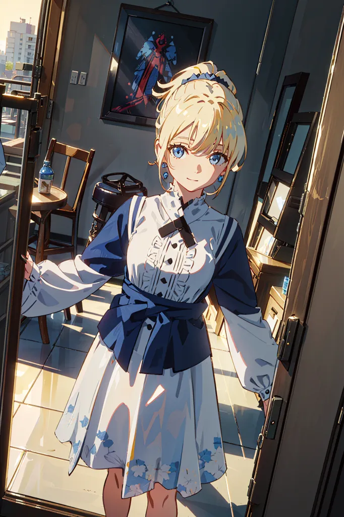 The image is a painting of a young woman standing in a doorway. She is wearing a white dress with a blue sash and has her blonde hair tied up in a ponytail. The background is blurry, but it looks like there is a city outside. The woman is smiling and looks happy.