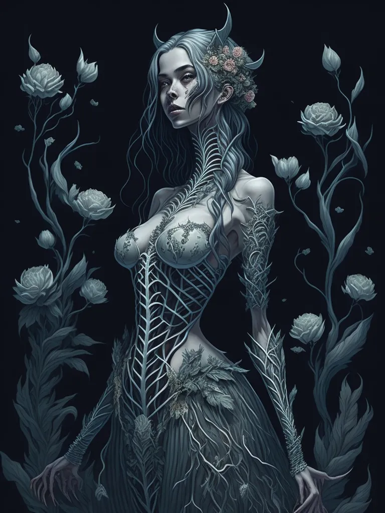 The image is of a tall, slender woman with long, flowing hair. Her skin is pale and her eyes are a deep blue. She is wearing a dress made of vines and leaves, and her body is covered in intricate tattoos. She has a crown of flowers on her head, and her feet are bare. She is standing in a dark forest, and there are flowers and vines growing all around her.