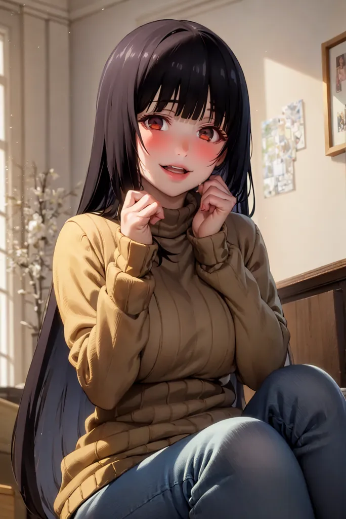 The image shows a young woman with long black hair and red eyes. She is wearing a brown turtleneck sweater and blue jeans. She is sitting on a chair in a room with white walls and a wooden floor. There is a vase of flowers on the table next to her. The woman is smiling and has her hands clasped together in front of her chest.