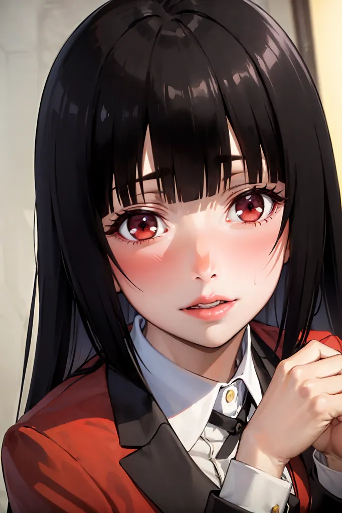 The image is a digital painting of a young woman with long black hair and red eyes. She is wearing a white shirt and red blazer. The background is a blur of light and dark colors. The woman's expression is one of slight sadness and vulnerability.