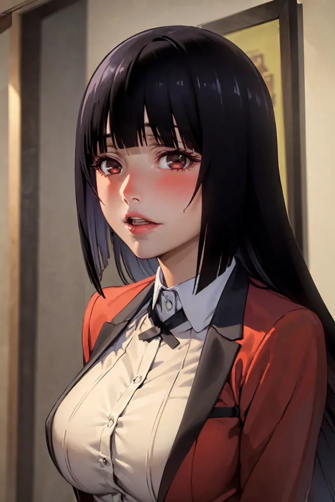 The image is a digital painting of a young woman with long black hair and red eyes. She is wearing a white shirt and a red blazer. The background is a blurred image of a hallway. The woman is looking at the viewer with a slightly open mouth and a blush on her cheeks.