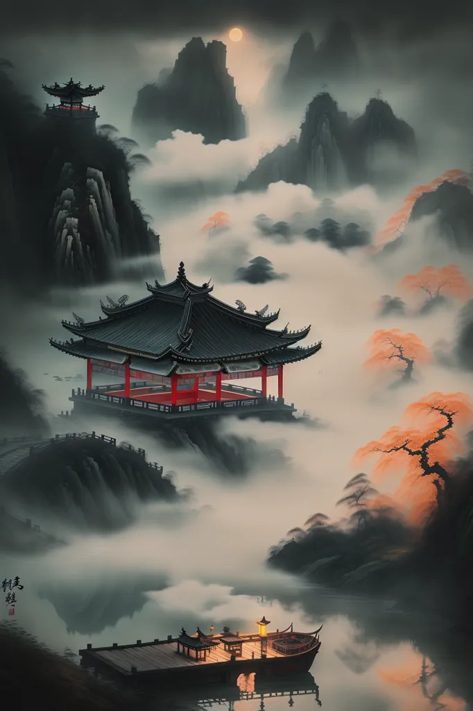 A imagem é uma pintura de paisagem chinesa. Ela retrata um pavilhão nas montanhas. O pavilhão está cercado por nuvens e neblina. Há árvores e rochas no primeiro plano. A pintura é feita em um estilo realista e as cores são amortecidas.