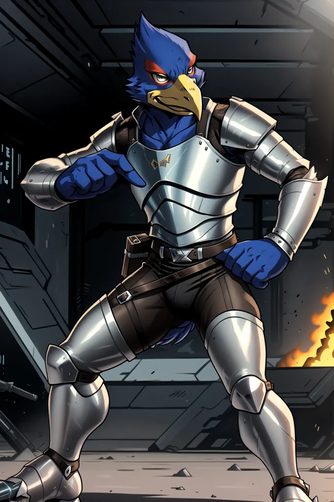 The image shows a blue anthropomorphic falcon wearing silver and brown armor. He is standing in a fighting stance, with his right hand pointing forward and his left hand in a fist near his waist. He has a determined expression on his face. The background is a spaceship hangar, with a large orange explosion behind him.