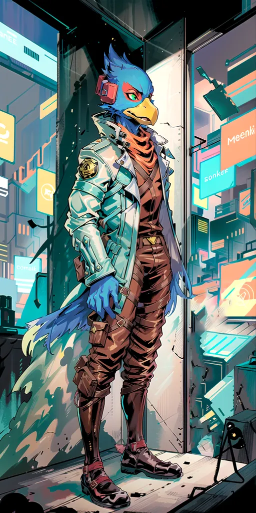 The image is of a tall, anthropomorphic falcon with blue and green feathers. He is wearing a white shirt, brown pants, and a white jacket with a badge on it. He also has a red scarf around his neck and brown boots on his feet. He is standing in a futuristic city, with tall buildings and neon lights all around him. There is a screen with the word \