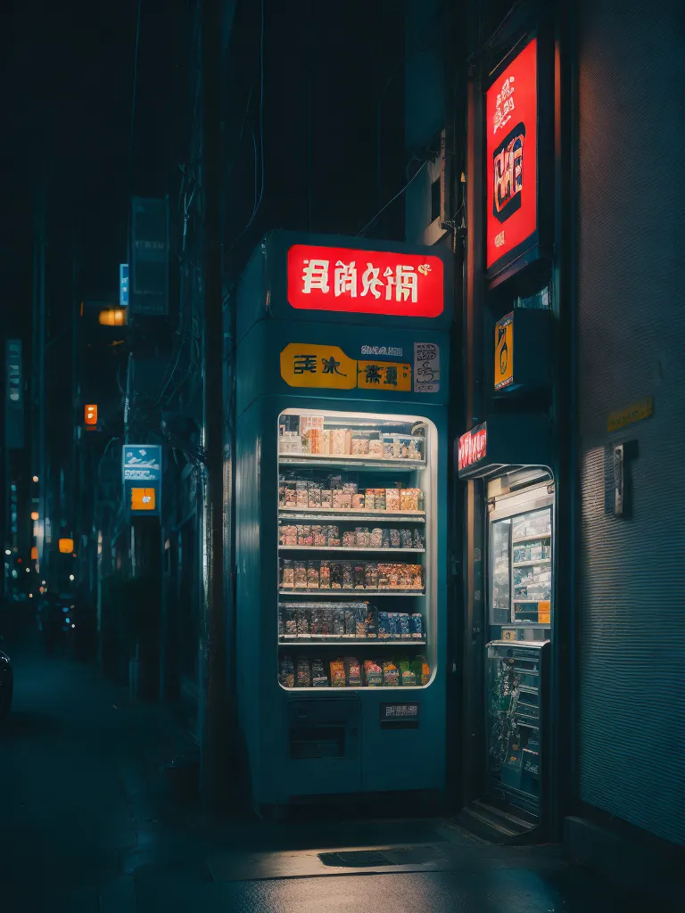 L'image est une vue nocturne d'un distributeur automatique au Japon. Le distributeur automatique est bleu et a un panneau rouge qui indique "Promotions mensuelles". Il y a une variété de boissons et de collations dans le distributeur automatique. Il y a un magasin de proximité à côté du distributeur automatique. La rue est vide, à l'exception de quelques voitures garées. Le distributeur automatique et le magasin de proximité sont éclairés par de vives lumières.