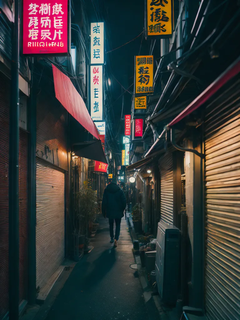 この画像は、都市の長く細い路地を表しています。カメラから離れて歩いている人物が写っています。路地は店舗やレストランに囲まれており、看板やシャッターは夜に閉まっています。街灯とお店の明かりがわずかに照らしている以外は、路地は人影もなく静かな雰囲気です。