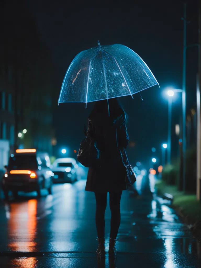 A imagem é uma fotografia de uma mulher caminhando por uma rua da cidade à noite. Ela está usando um casaco preto e carregando um guarda-chuva transparente. A rua está molhada pela chuva, e os postes de iluminação estão se refletindo nas poças. A mulher está caminhando no meio da rua, com carros estacionados de ambos os lados.