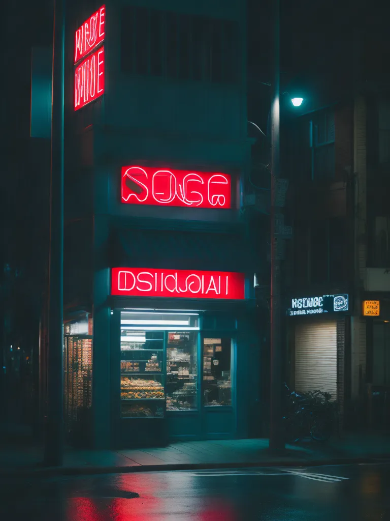 The image is a night view of a small business. The business is a bakery, and it is located in a dark blue building. The bakery has a red neon sign that says \