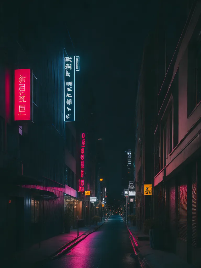 A imagem é uma vista noturna de uma rua em uma cidade. A rua é iluminada por luzes de néon dos letreiros das lojas e restaurantes que a margeiam. Há alguns carros estacionados na rua e algumas pessoas passando. A rua está molhada pela chuva e as luzes de néon se refletem nas poças no chão. A imagem está no estilo cyberpunk, que é um gênero de ficção científica que geralmente retrata um futuro distópico onde a tecnologia se tornou avançada e onipresente.