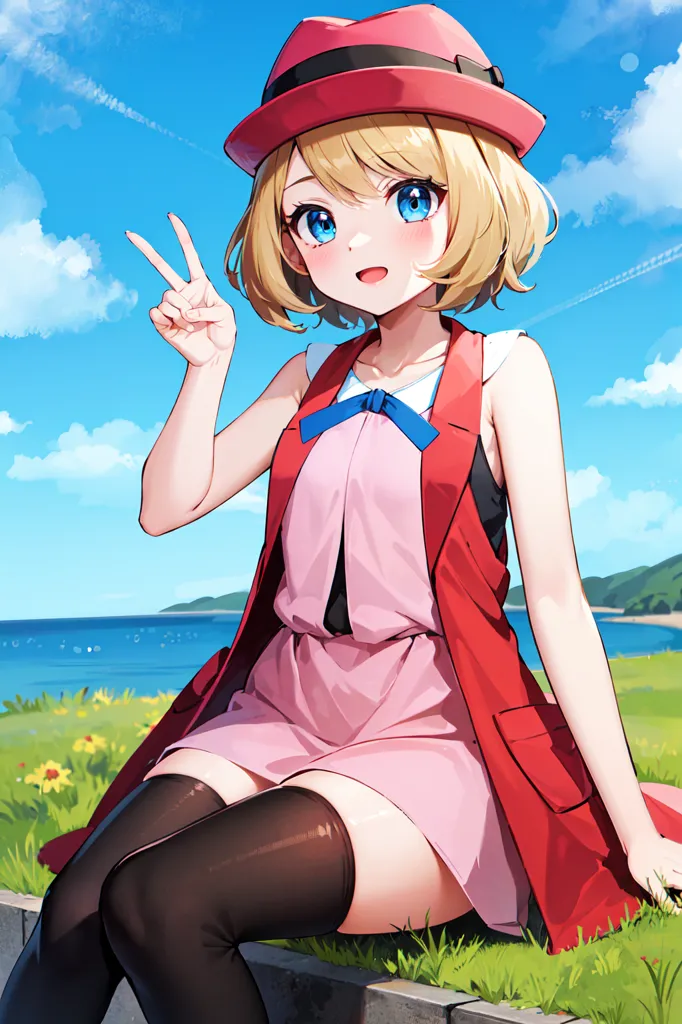 The image shows a young woman with short blonde hair and blue eyes. She is wearing a red hat, a pink dress, and a blue bow. She is sitting on a grassy hill with the ocean in the background. She has a bright smile on her face and is holding up two fingers in a peace sign.