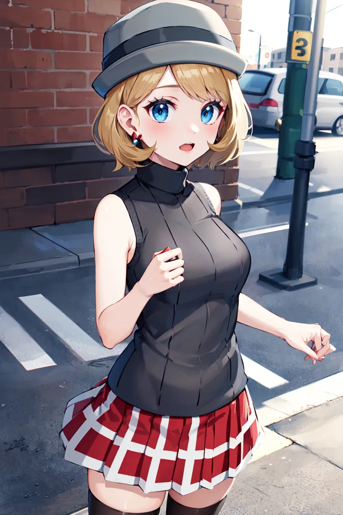 This is an image of a young woman with blond hair and blue eyes. She is wearing a gray hat, a black turtleneck, and a red and white plaid skirt. She is also wearing black stockings and brown shoes. She is standing on a city street and there is a building with brick columns behind her. There is also a street sign in the background. The woman is looking at the viewer with a surprised expression on her face.