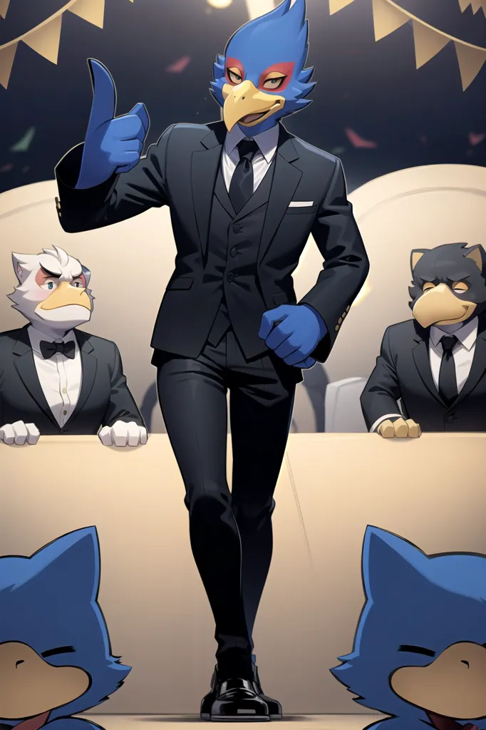 The image shows a blue anthropomorphic falcon in a black suit and tie. He is standing on a stage with a spotlight shining on him. He has his right hand raised in the air, as if he is giving a thumbs-up. There are two other anthropomorphic falcons on the stage with him. One is standing on the left side of the stage, and the other is standing on the right side. They are both wearing black suits and ties, and they both have their hands on their chests. There are also two small, blue creatures with cat-like features on the stage. They are both sitting on the edge of the stage, and they are both looking up at the falcon in the middle.