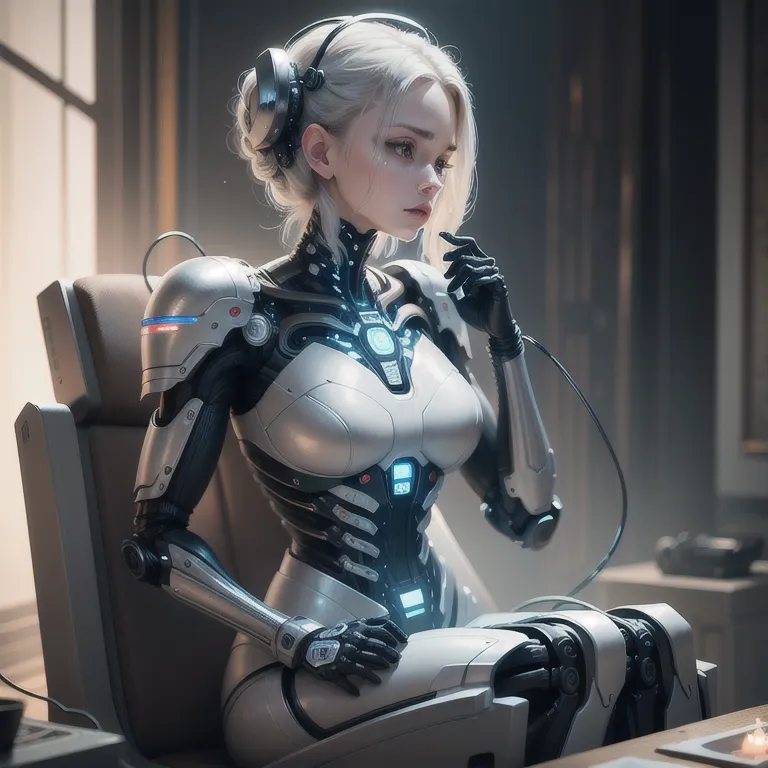 The image is of a beautiful female robot with long white hair and silver skin. She is wearing a white and silver bodysuit with a blue light on her chest. She is sitting in a chair and has a thoughtful expression on her face. She is also wearing a pair of headphones.