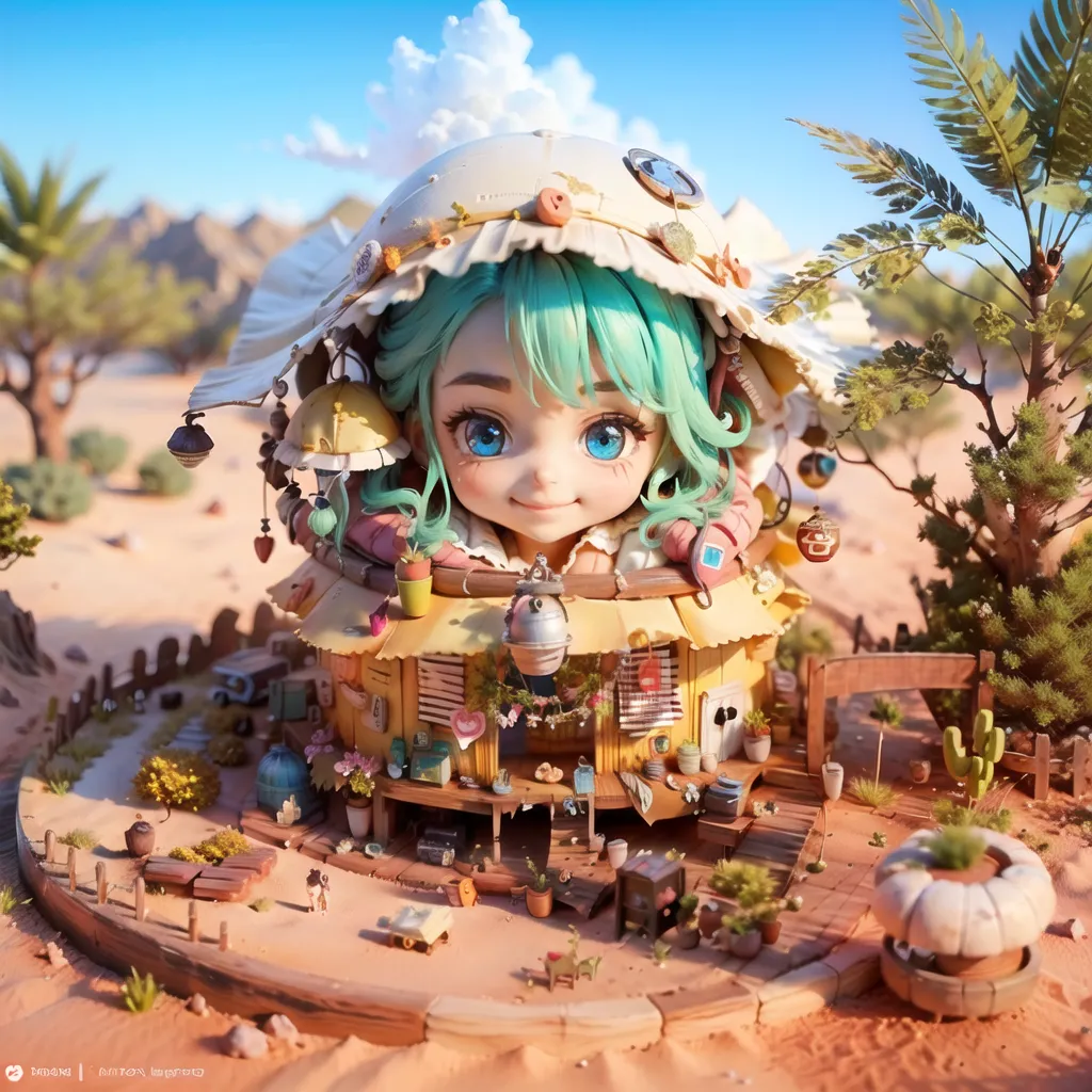 The image shows a whimsical illustration of a girl with green hair and blue eyes. She is wearing a large, white hat with pink and yellow flowers and has a small, pink house on her head. The house is decorated with flowers and has a tiny door and windows. The girl is standing in a sandy area surrounded by cacti and palm trees. There are also some small, pink mushrooms growing in the sand. The background of the image is a desert landscape with mountains in the distance.