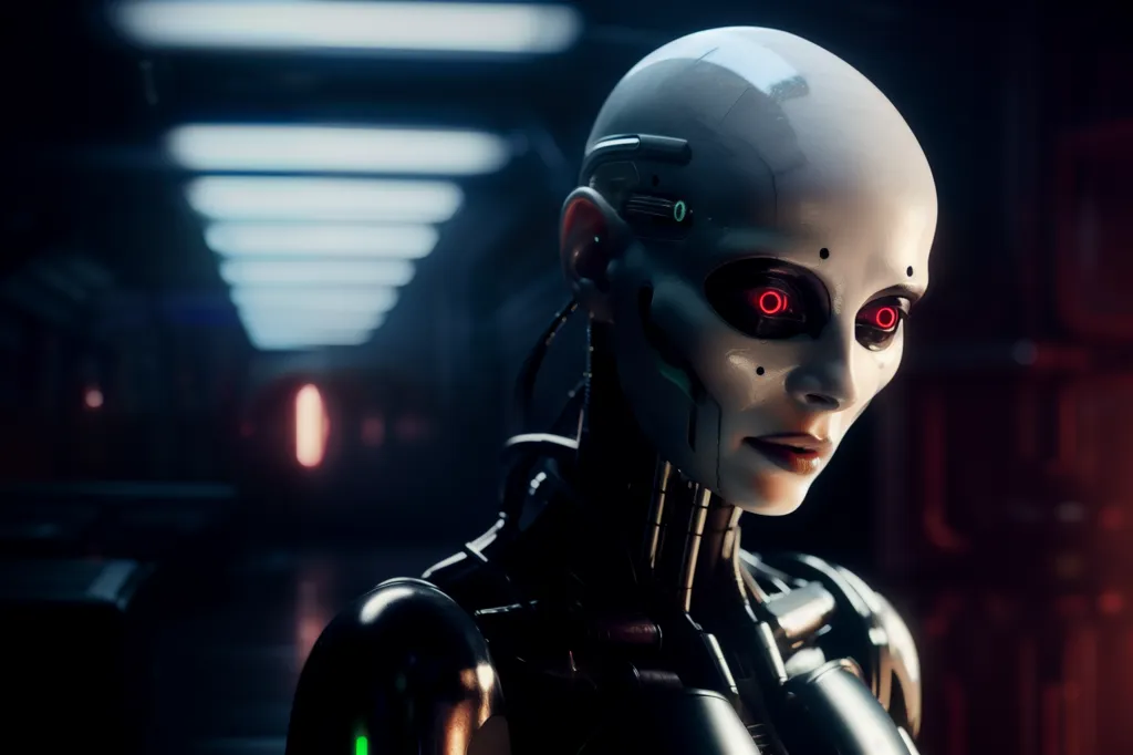 The image is a portrait of a female robot with red glowing eyes. The robot has a bald head and a metallic face with a few visible wires. The robot is wearing a black suit with a green light on its chest. The background of the image is a dark room with bright lights in the distance. The robot is looking at the viewer with a serious expression.