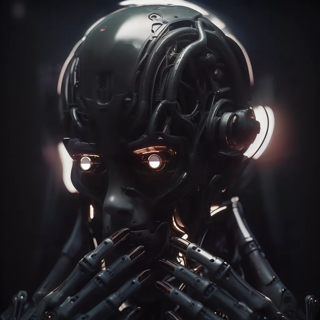 The image is a dark, close-up portrait of a robot. The robot has a metallic face with glowing yellow eyes and a mouth that is slightly open. Its head is covered in wires and tubes, and it has a large, round object on the top of its head. The robot's hands are folded in front of its chest, and it has a thoughtful expression on its face. The background is dark and out of focus, with two bright lights shining on the robot from the top left and bottom right corners of the image.