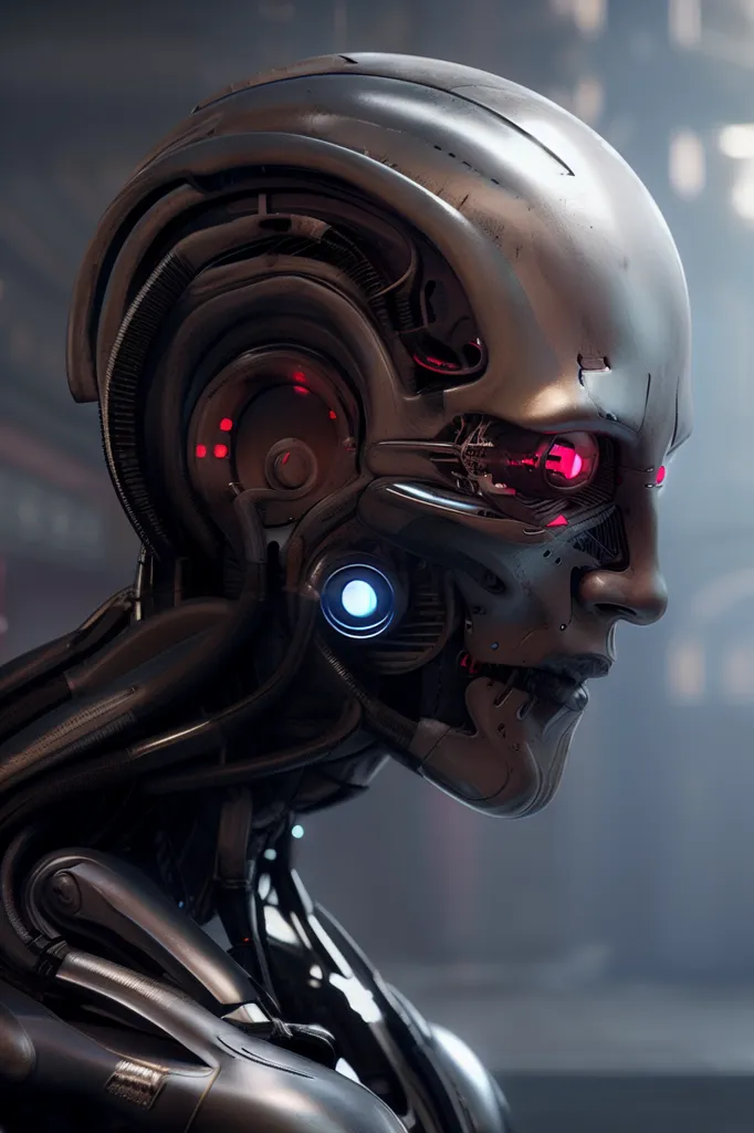 The image shows a close-up of a humanoid robot head. The robot is made of metal and has a silver finish. Its eyes are glowing red, and there is a blue light on its forehead. The robot's head is turned to the side, and we can see its metallic jaw and teeth. The background of the image is dark and out of focus.