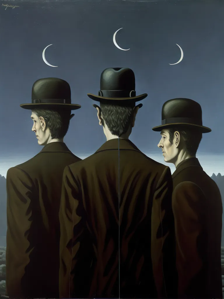 The painting depicts three men in bowler hats standing in front of a blue background. The men are all wearing dark suits and have their backs to the viewer. The only thing that distinguishes them is the angle of their heads. The man on the left has his head turned slightly to the left, the man in the middle has his head facing straight ahead, and the man on the right has his head turned slightly to the right. The painting is very realistic and the artist has paid close attention to detail. The men's suits are all perfectly tailored and the bowler hats are all perfectly round. The background is a deep blue color and it looks like it is nighttime. The painting is very mysterious and it is not clear what the artist is trying to say.