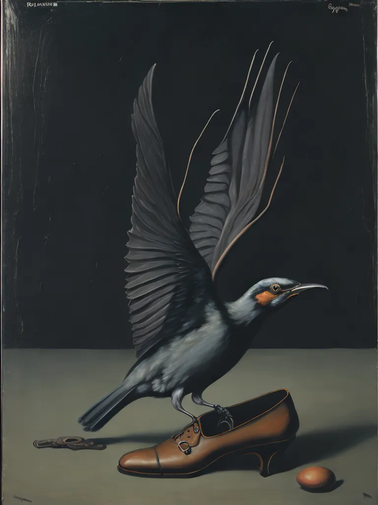 This is a painting of a bird with its wings spread, standing on a brown leather shoe. The bird is mostly black with gray and brown feathers on its head and a yellow or orange beak. The shoe is unlaced and there is a small gold key on the floor next to it. There is a small white egg on the floor on the other side of the shoe. The painting is done in a realistic style and the background is dark gray.