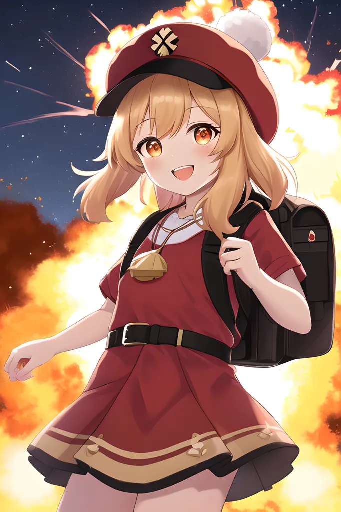 The image is of a young girl with long blonde hair and orange eyes. She is wearing a red hat with a white pom-pom, a red and white dress, and a brown bag over her shoulder. She is smiling and has her right hand raised. There is an explosion happening behind her.