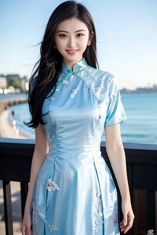 A imagem mostra uma jovem mulher vestindo um cheongsam azul. O cheongsam é um vestido tradicional chinês geralmente usado por mulheres. Normalmente é feito de seda ou outros tecidos finos e é frequentemente decorado com designs intrincados. A mulher na imagem tem cabelos pretos longos e está usando maquiagem leve. Ela está sorrindo e parece feliz. O fundo da imagem é uma imagem desfocada de uma cidade.