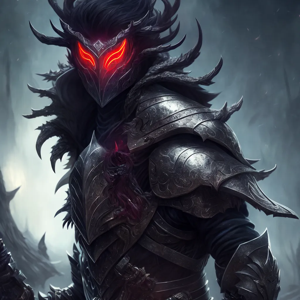 The image is a dark fantasy illustration of a figure in a suit of black armor with glowing red eyes. The figure is standing in a dark forest, surrounded by trees. The armor is made of dark metal and has intricate designs etched into it. The figure is also wearing a cloak that is made of the same material as the armor. The figure's face is hidden by a helmet that has a visor that is glowing red. The figure is also wearing a pair of gauntlets that are made of the same material as the armor. The figure is standing in a menacing pose, and it appears to be ready to attack.