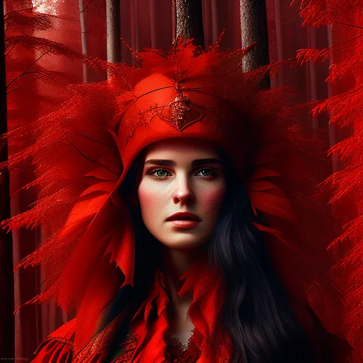 This image shows a woman wearing a red feathered headdress and a red dress with a white camisole. The headdress is large and elaborate, with a metal piece in the front that resembles a crown. The woman's hair is dark and straight, and her eyes are a light blue color. Her skin is pale and flawless. She is standing in front of a dark red background, which may be a forest.