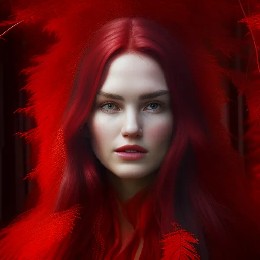 This image shows a woman with waist-length wavy red hair. She has light skin and light green eyes. She is wearing a red off-the-shoulder dress. There are red feathers floating around her. The background is dark red.