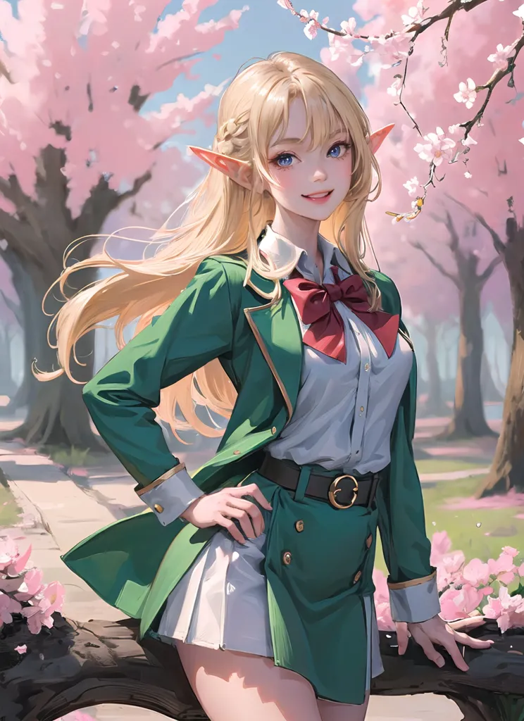 The image is a painting of a beautiful young woman with long blonde hair and blue eyes. She is wearing a green blazer, a white blouse, and a red bow tie. She also has a brown belt and a pleated skirt. She is standing in a forest with cherry blossoms. The background is a blur of green and pink. The painting is done in a realistic style and the woman is depicted with great detail.