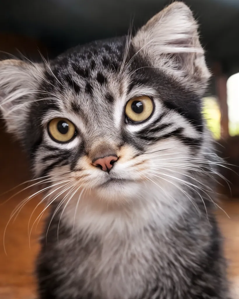 Esta es una fotografía de cerca de un gato de Pallas. Tiene ojos grandes y redondos de color amarillo, una nariz rosa y un pelaje gris claro largo con rayas y manchas de color gris oscuro.