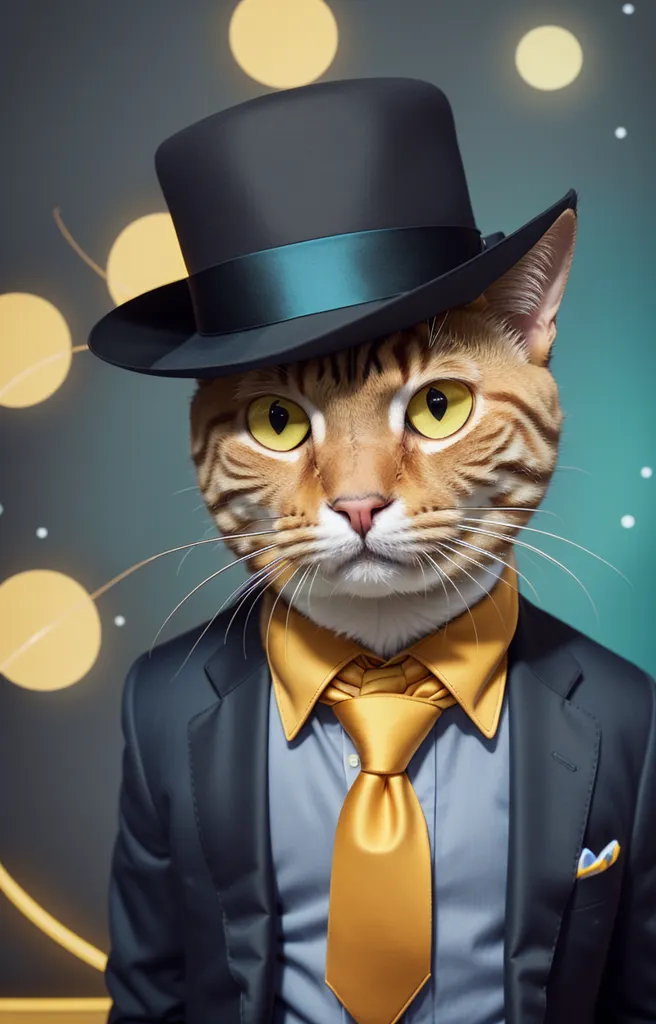 The image shows a cat wearing a top hat and a suit. The cat is looking at the camera with a serious expression. The background is a dark blue color with some yellow and white lights.