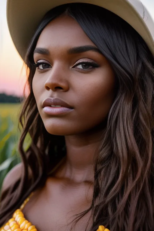 This is a photograph of a young woman, with long, wavy, dark hair, wearing a white hat and a yellow top. She is standing in a field of corn, and is looking at the camera with a serious expression. The background is blurry, and is made up of the corn field, with the sun setting in the distance.