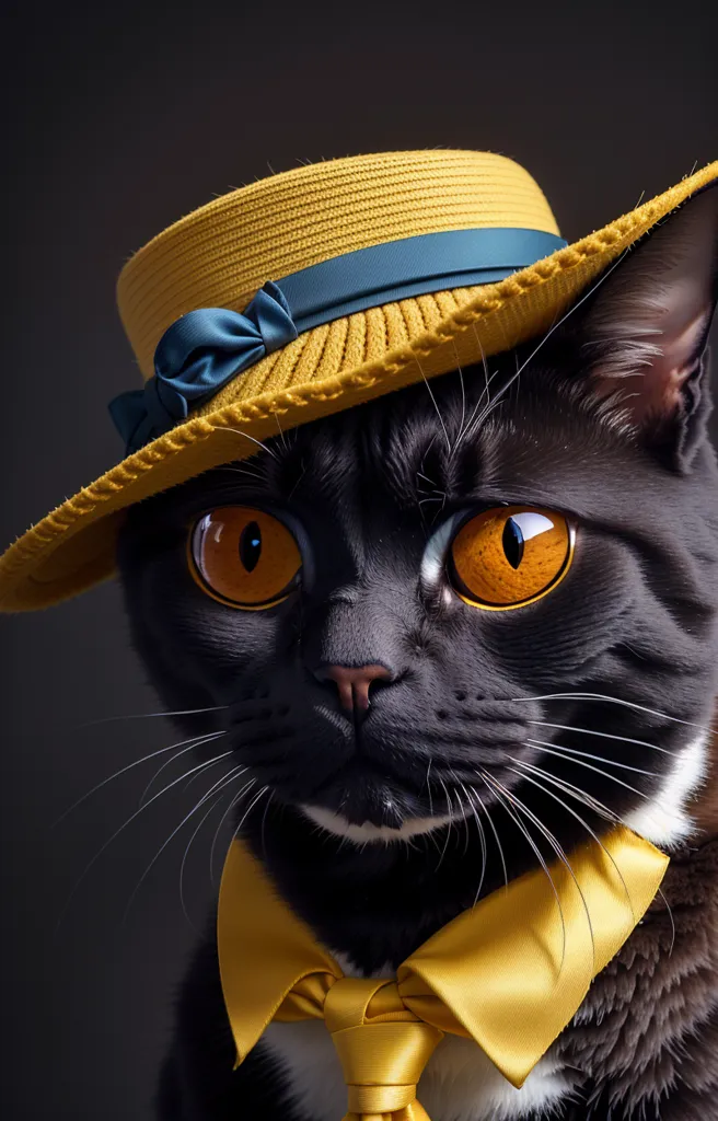 L'image montre un chat noir portant un chapeau de paille jaune avec un ruban bleu. Le chat porte également un nœud papillon jaune. Le chat regarde la caméra avec ses grands yeux ronds et oranges. Le chat est assis sur un fond sombre.