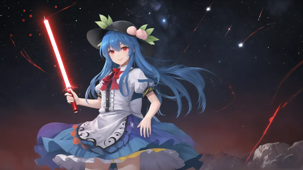 The image is of a young woman with long blue hair and red eyes. She is wearing a black hat with a white band and a white dress with a blue skirt. She is also wearing a red scarf. She is standing in a field of red flowers and there are mountains in the background. The sky is dark and there are stars in the sky. She is holding a red lightsaber.