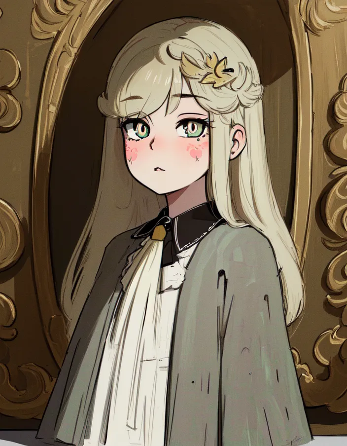 The image is a portrait of a young girl with long blonde hair and green eyes. She is wearing a white dress with a green cape. The girl is standing in front of a mirror with an ornate gold frame. The background is a dark color. The girl has a leaf hairpin on the right side of her head.